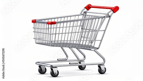 Chrome shopping cart with red accents isolated on a clean white background