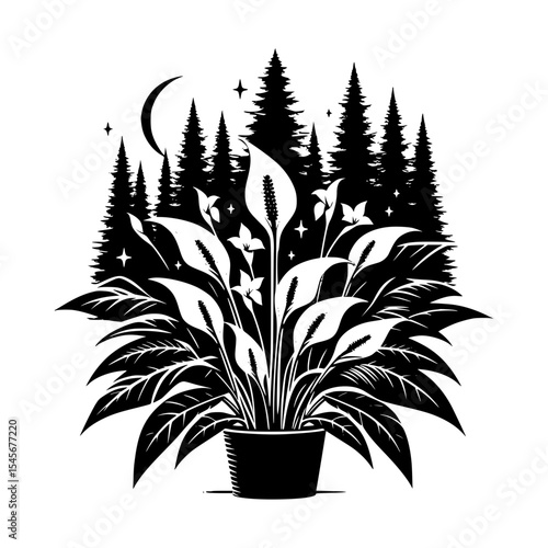 Peace lily plant potted at night with forest silhouette