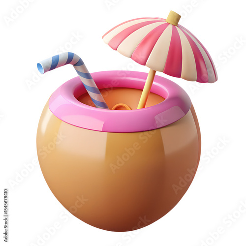 Refreshing cartoon cocktail in a coconut with a straw and umbrella design