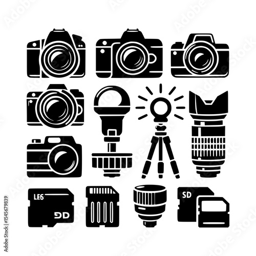 Photography equipment icons cameras lenses and accessories