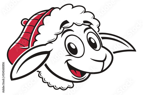 White sheep character joyfully sports a red toboggan, radiating happiness and positive emotions