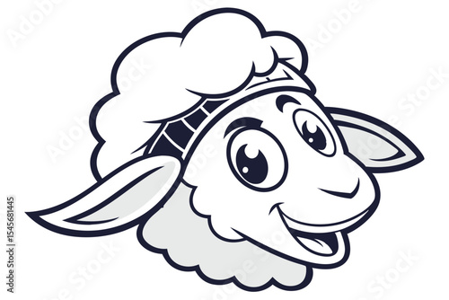 A cheerful sheep chef wearing a chef's hat is smiling widely in a monochrome design