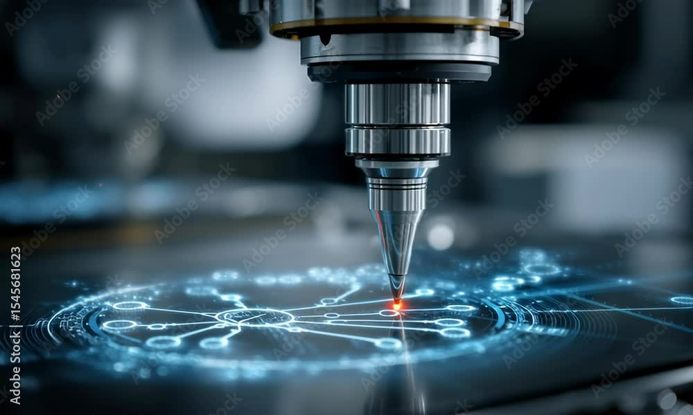 High-precision CNC machine engraving a complex network design. The image shows a close-up view of the machine's drill bit precisely etching the intricate pattern onto a metallic surface. High-precision CNC machine engraving a complex network design. The image shows a close-up view of the machine's drill bit precisely etching the intricate pattern onto a metallic surface.