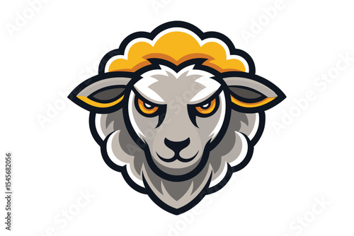 Intimidating sheep stares fiercely ahead with its piercing orange eyes; it looks ready for action