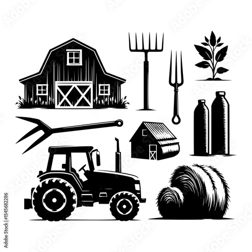 Farm tractor barn hay bales milk bottles graphic design