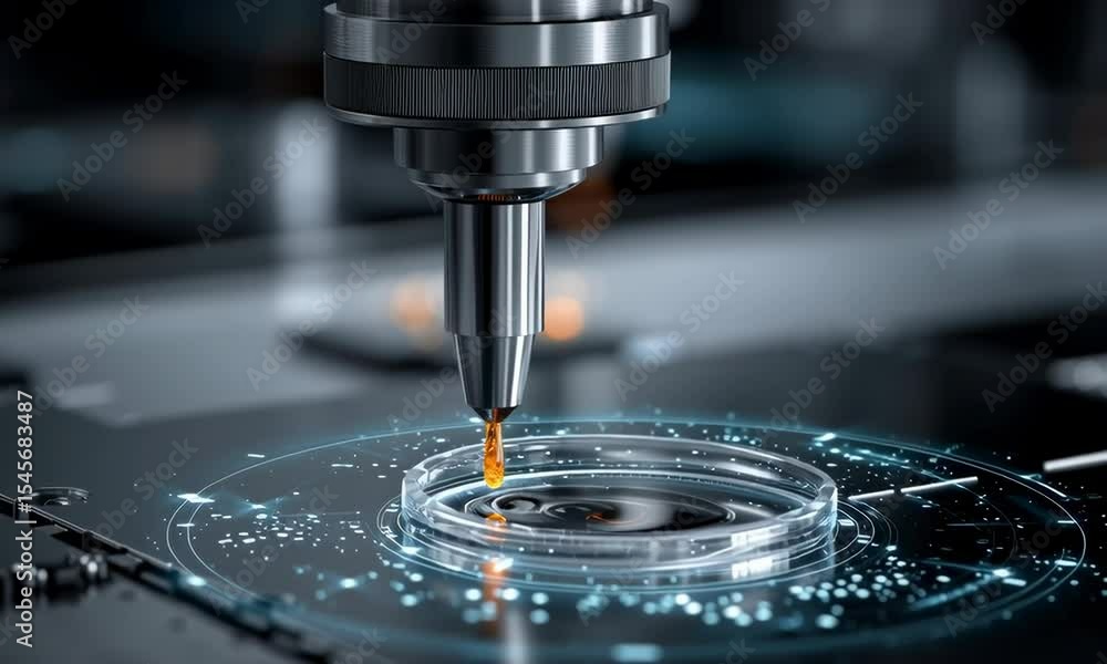 Precision medical research being conducted within a laboratory setting. A detailed view of a machine drilling a petri dish. A scene which conveys advanced scientific research and innovation Precision medical research being conducted within a laboratory setting. A detailed view of a machine drilling a petri dish. A scene which conveys advanced scientific research and innovation