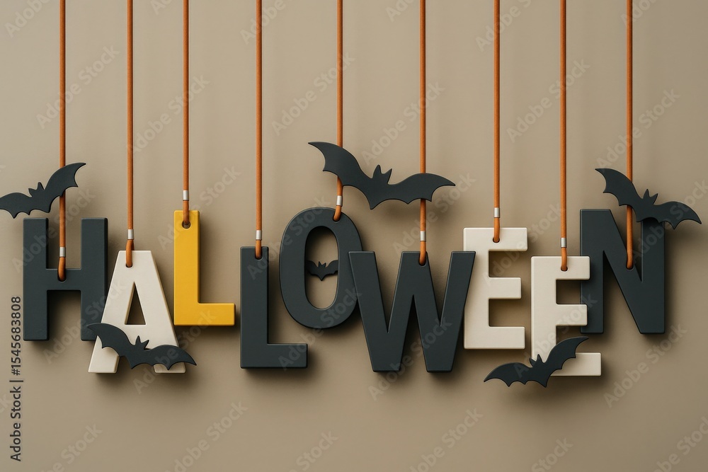 Fototapeta premium HALLOWEEN Typography with Bats Suspended on Strings Against a Neutral Background, Creating a Festive and Playful Seasonal Display