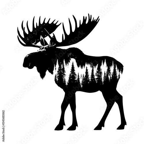 Majestic moose silhouette with night forest and stars