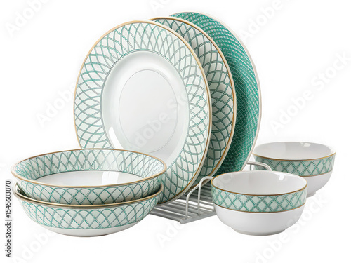 Elegant green and gold patterned dinnerware set with bowls and plates