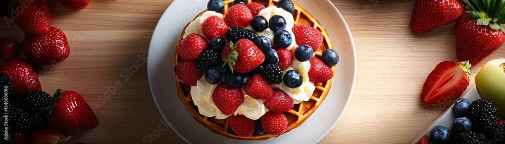 Obraz premium Delicious Waffle Topped with Fresh Berries and Creamy Whipped Cream