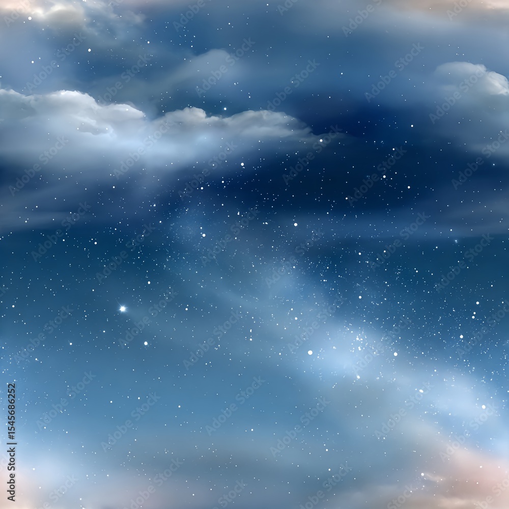 Fototapeta premium Seamless pattern of a celestial illustration featuring a clear cloudless night sky with twinkling stars rendered in deep blue tones