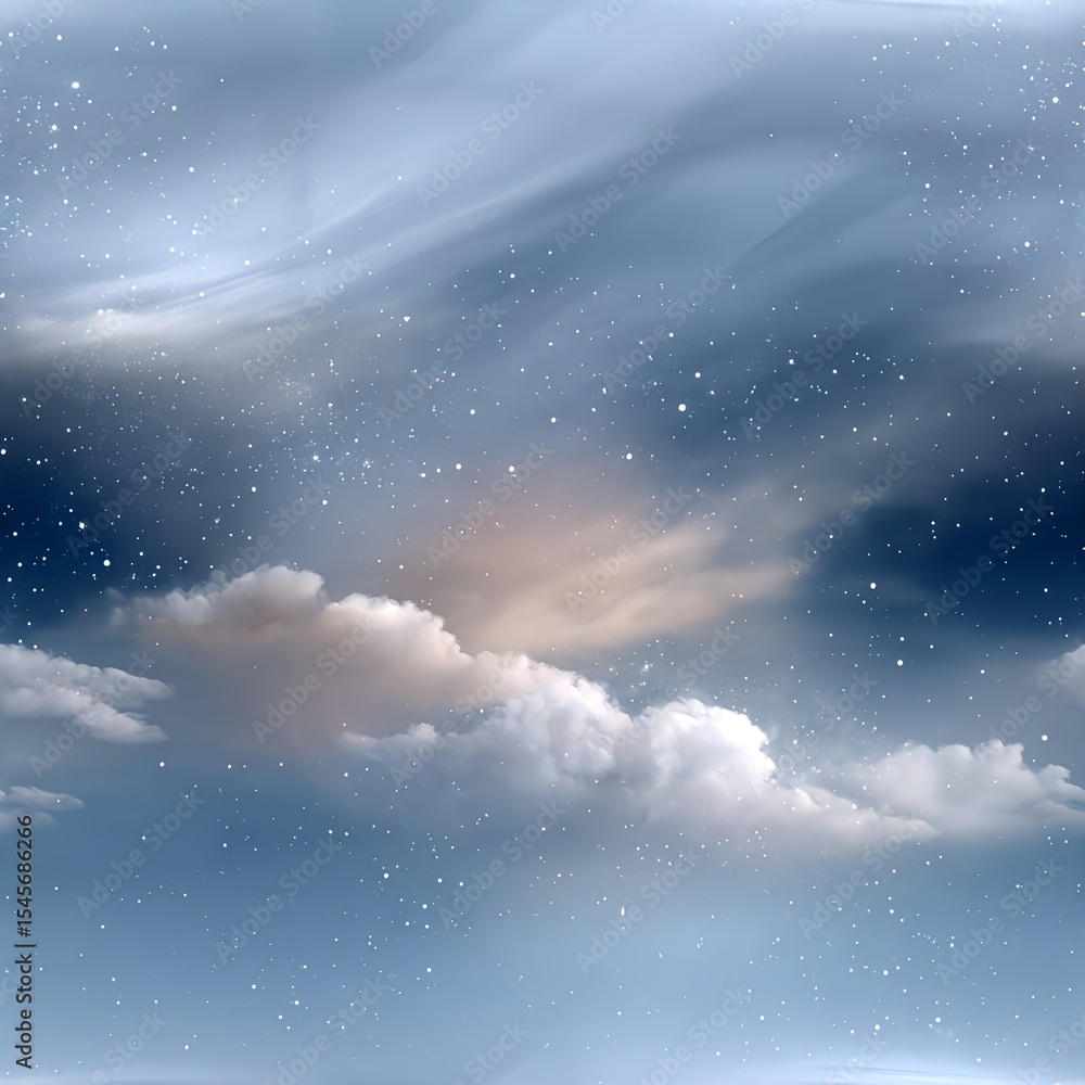 Fototapeta premium Seamless pattern of a celestial illustration featuring a clear cloudless night sky with twinkling stars rendered in deep blue tones