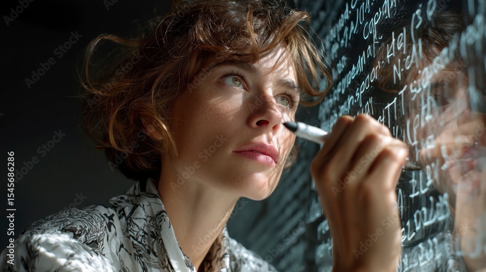 Obraz premium Woman Writing Code on Transparent Surface with Blockchain Concepts