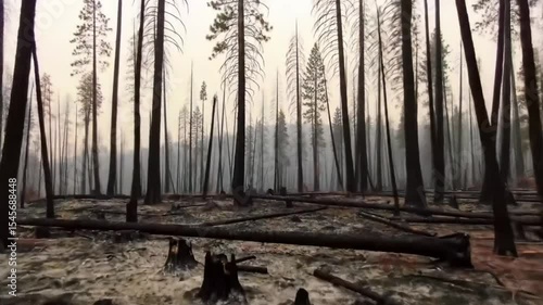 A haunting view of a forest after a wildfire, showing charred tree trunks, fallen logs, and a ground covered in ash and soot. The air is hazy, and the environment feels desolate and silent.