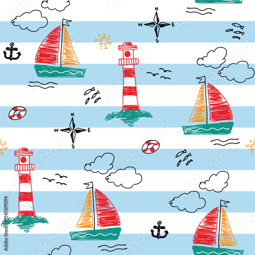 boat seamless pattern doodle vector set 