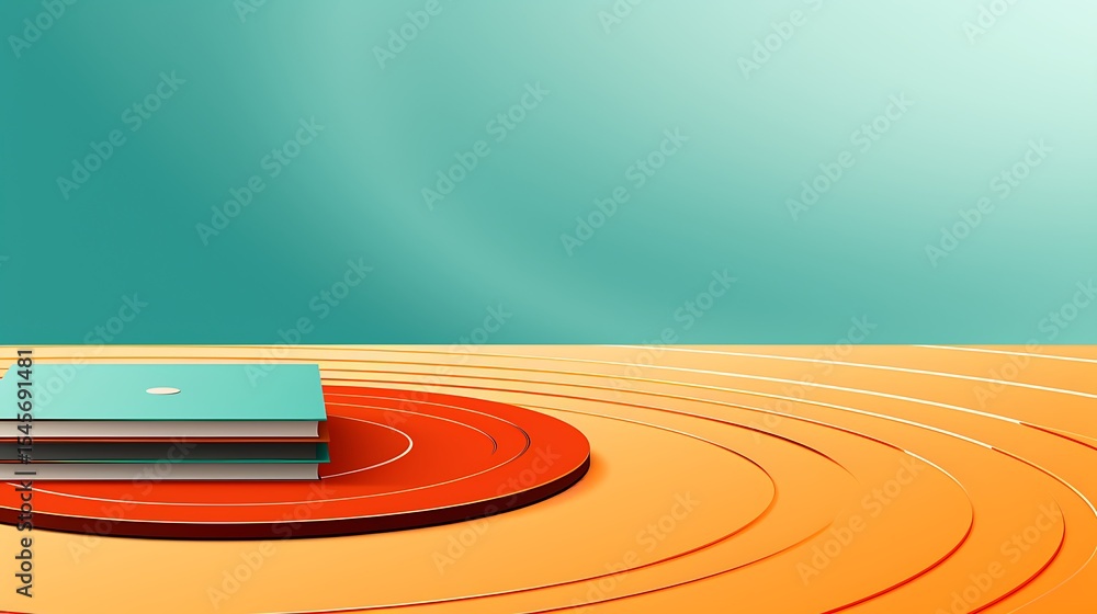 Fototapeta premium Stack of Books on Orange Platform Against Teal Backdrop, Abstract Minimalist Presentation Mockup