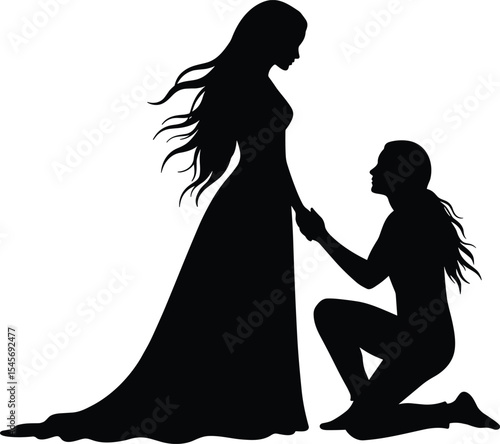 Romantic couple silhouette, woman proposing love, emotional relationship moment, long dress flowing, elegant lady scene, artistic love concept, vector design for romantic, fantasy, 