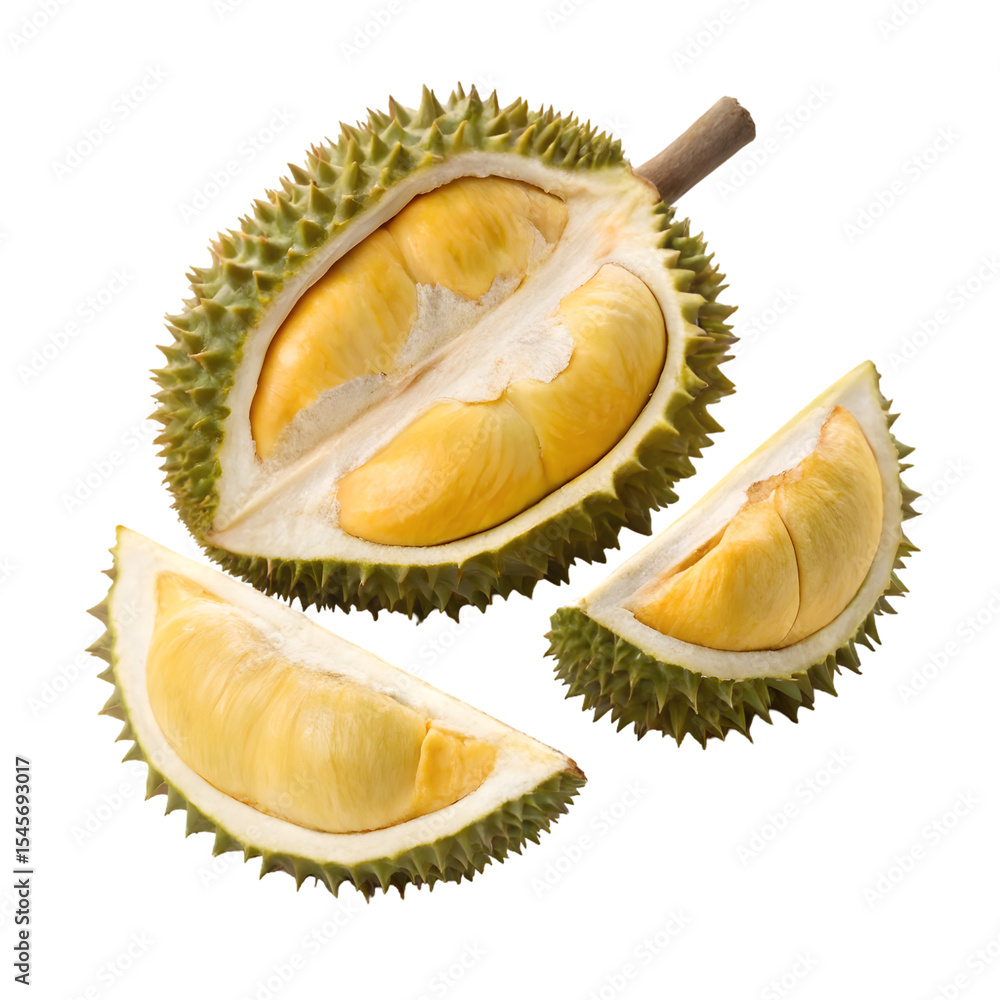 Fototapeta premium Durian fruit with slices isolated on a transparent background 