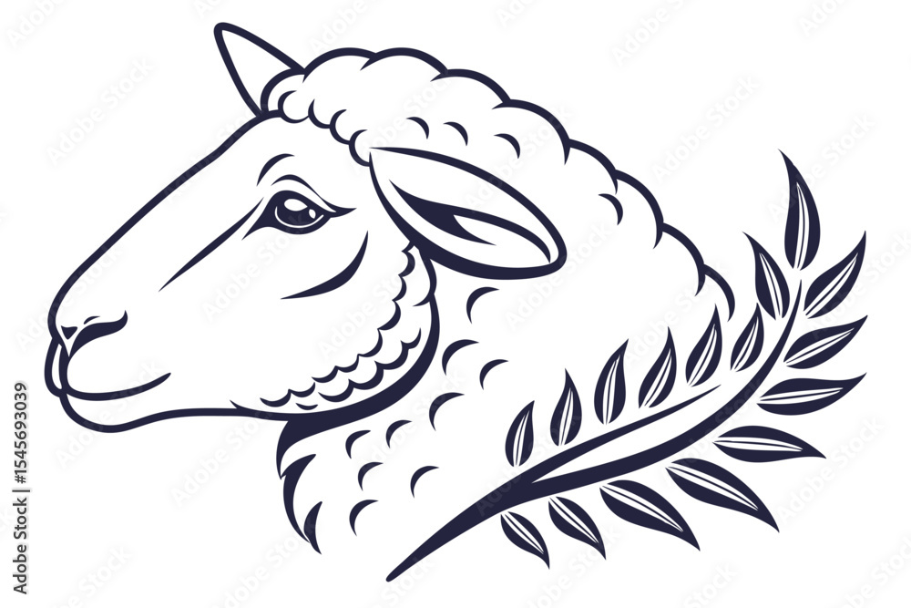 Line art shows a sheep's head looking left, decorated with foliage Line art shows a sheep's head looking left, decorated with foliage