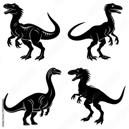 Four dinosaurs in black silhouette including velociraptor and brachiosaurus species on white background