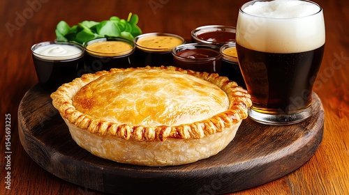 australian meat pie on rustic wooden table arranged with beer flight and sauce trio, highresolution capture with moody bistro aesthetic