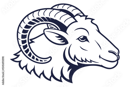 Navy ram head featuring massive horns with distinctive segmented texture is displayed over white background