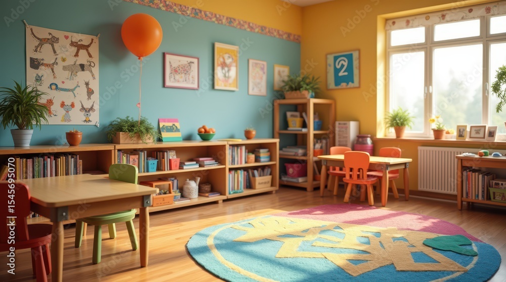 Fototapeta premium Bright classroom with colorful decor and a warm atmosphere, inviting students to learn eagerly