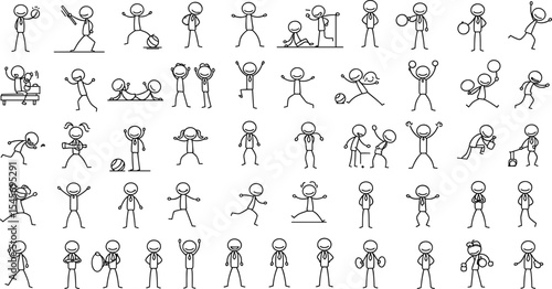 Stick figure workout icons, gym activity sketch, fitness doodle illustration, cartoon exercise poses, sports training vector, physical activity drawing, children workout line art design graphic.