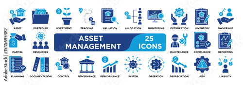 Asset Management icon collection set. Containing asset,portfolio,investment,tracking,valuation,allocation,monitoring,optimization,inventory,ownership icon. dual tone vector.	