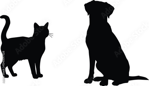 Dog and cat silhouette vector, black pet outline illustration, domestic animals isolated design, sitting dog and standing cat, animal shapes clipart for pet-themed projects.