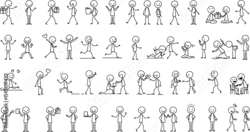 Stick figure illustration set, hand drawn cartoon characters, doodle people with emotions, communication, giving gifts, expressing love, joy, sadness, celebration, friendship vector elements clipart.