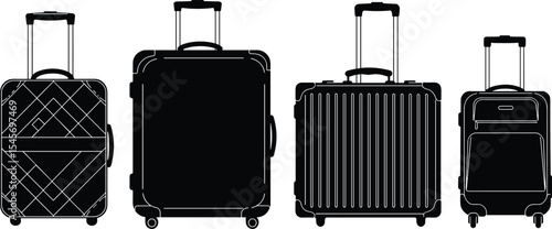 Modern travel suitcase vector, luggage silhouette illustration, black rolling bags, stylish trolley set, cabin baggage collection, vacation essentials, airport carry-on design, traveler gear clipart.