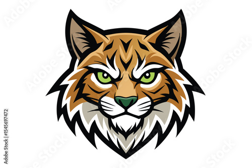 Bold bobcat portrait features intense green eyes and a striking black outline around its face