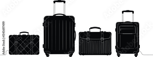 Luggage silhouette set, travel suitcase collection, modern trolley bags, vintage luggage vector, rolling suitcase illustration, black and white travel icons, airport baggage, business trip essentials.