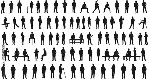 Silhouette people collection, standing sitting walking poses, business casual men women, vector isolated illustration, human figure variety, urban street crowd, modern lifestyle concept art.
