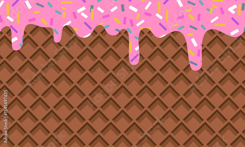 Realistic melting strawberry ice cream droplets with candy sprinkles on a chocolate wafer background