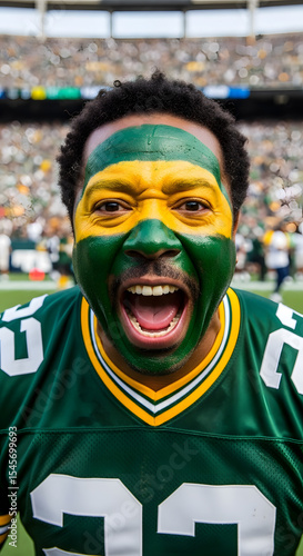 Football fan with face painted in team colors screaming with excitement
