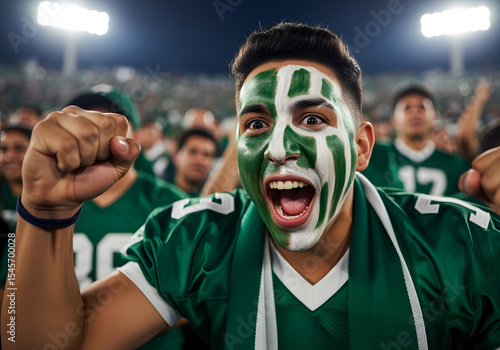 Football fan with face painted in team colors screaming with excitement copy