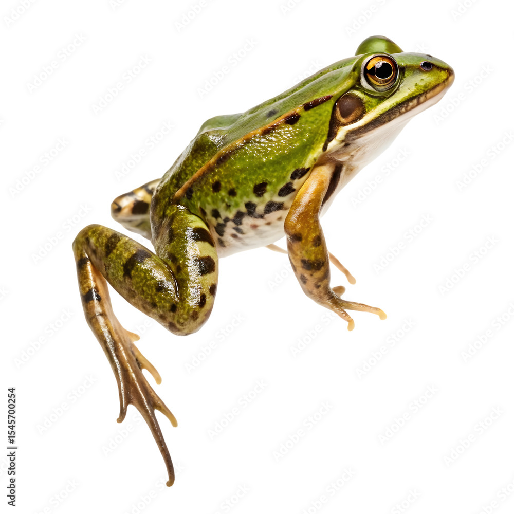 Obraz premium Side view of an european common frog jumping on a transparent background