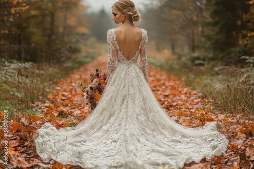 Bride in long-sleeved wedding dress standing amidst fall leaves in forest.