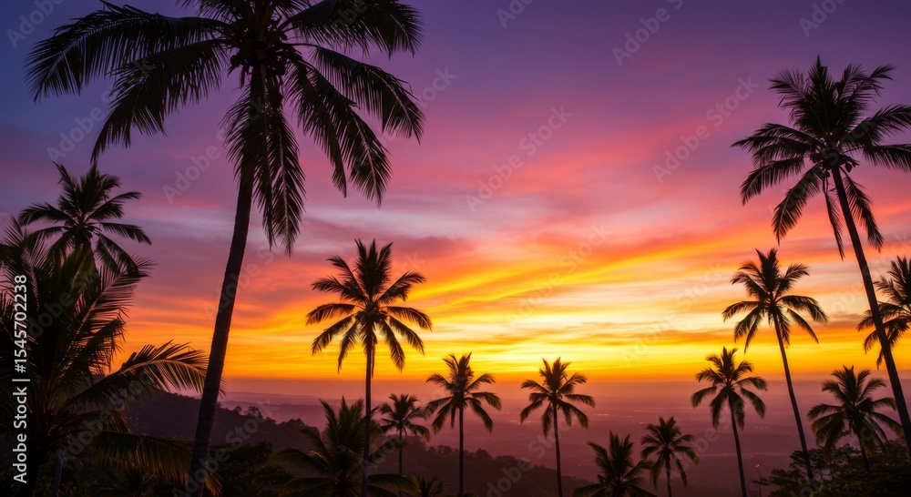 Obraz premium Silhouette of Palm Trees at Vibrant Sunset
