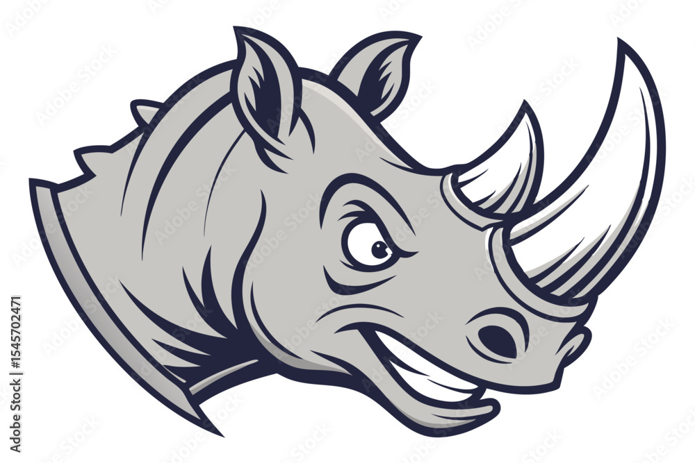 Cartoon rhino head showcases gray tones, a visible horn, and an intense, smiling expression Cartoon rhino head showcases gray tones, a visible horn, and an intense, smiling expression