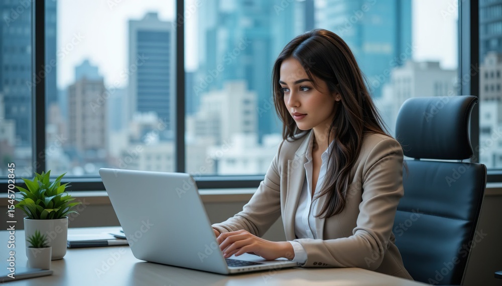 Woman working on laptop in office with city view behind her in a professional setting at her desk . Woman working on laptop in office with city view behind her in a professional setting at her desk .