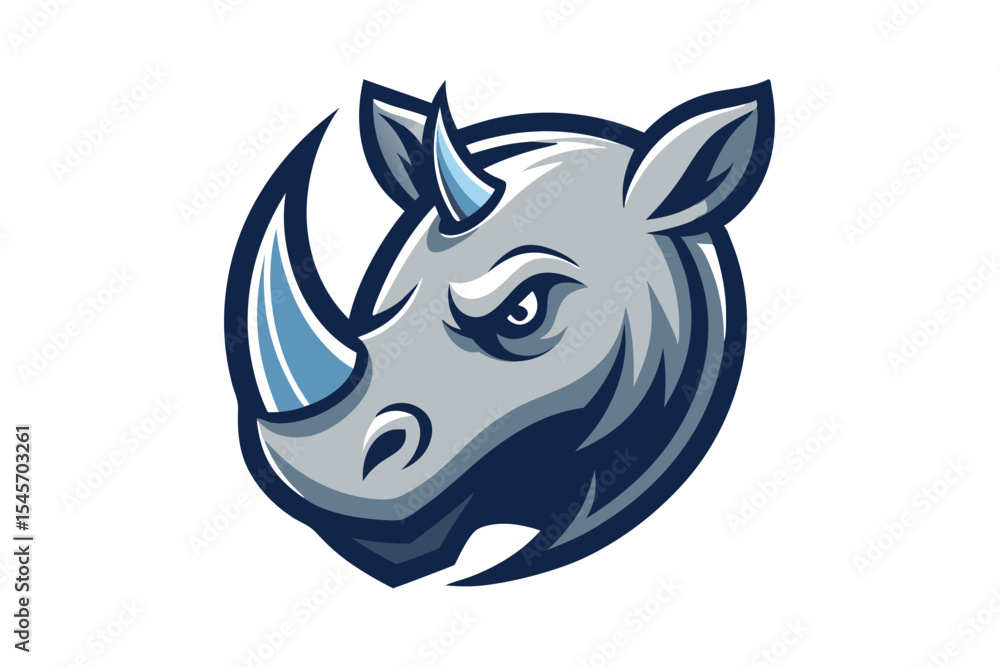 Angry rhino head shows determination with gray and blue shades on a white background Angry rhino head shows determination with gray and blue shades on a white background