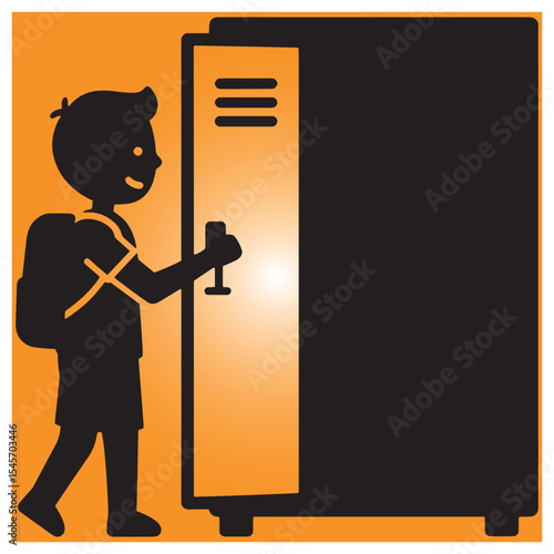 Student opening locker with backpack ready for school day silhouette vector illustration