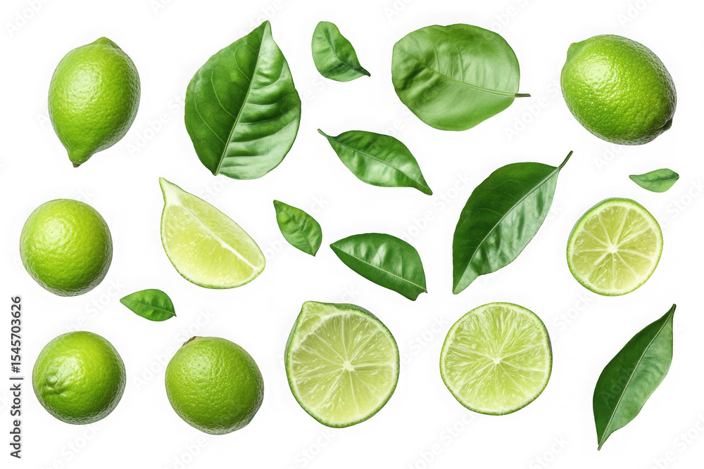 Fresh green limes and leaves still life arrangement, citrus fruit slices, lime halves, and whole limes, food photography isolated on transparent background Fresh green limes and leaves still life arrangement, citrus fruit slices, lime halves, and whole limes, food photography isolated on transparent background