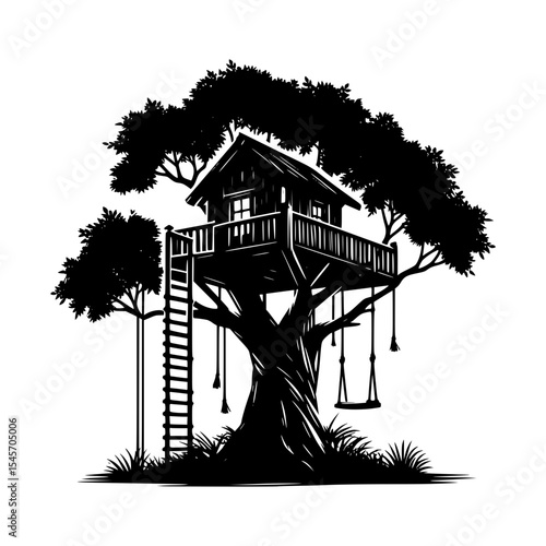 Silhouette of treehouse with ladder and swings