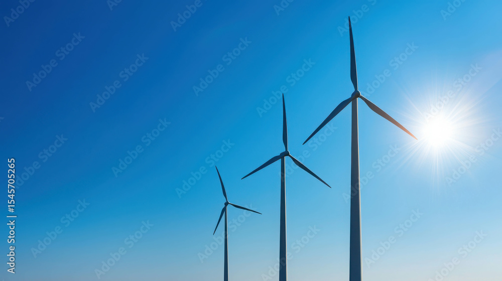 Fototapeta premium Wind Turbines Against Clear Blue Sky with Bright Sunlight - Renewable Energy and Sustainable Development Concept