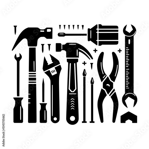 Collection of black and white hand tools