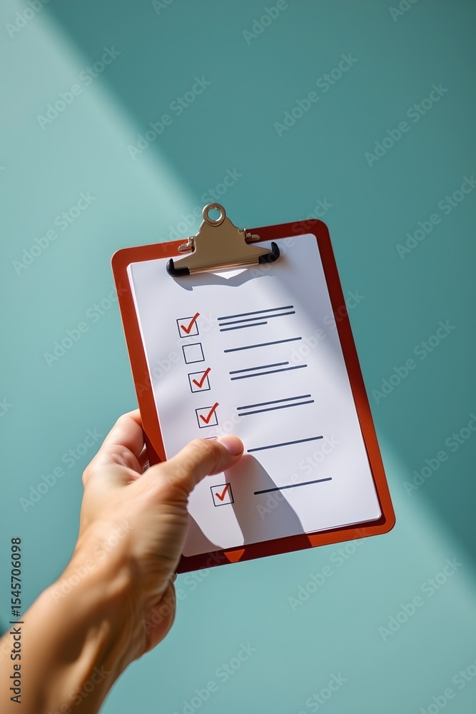 Naklejka premium hospital services, hand showing clipboard with checklist icon, patient intake identity, flat style visual, close up with soft shadow